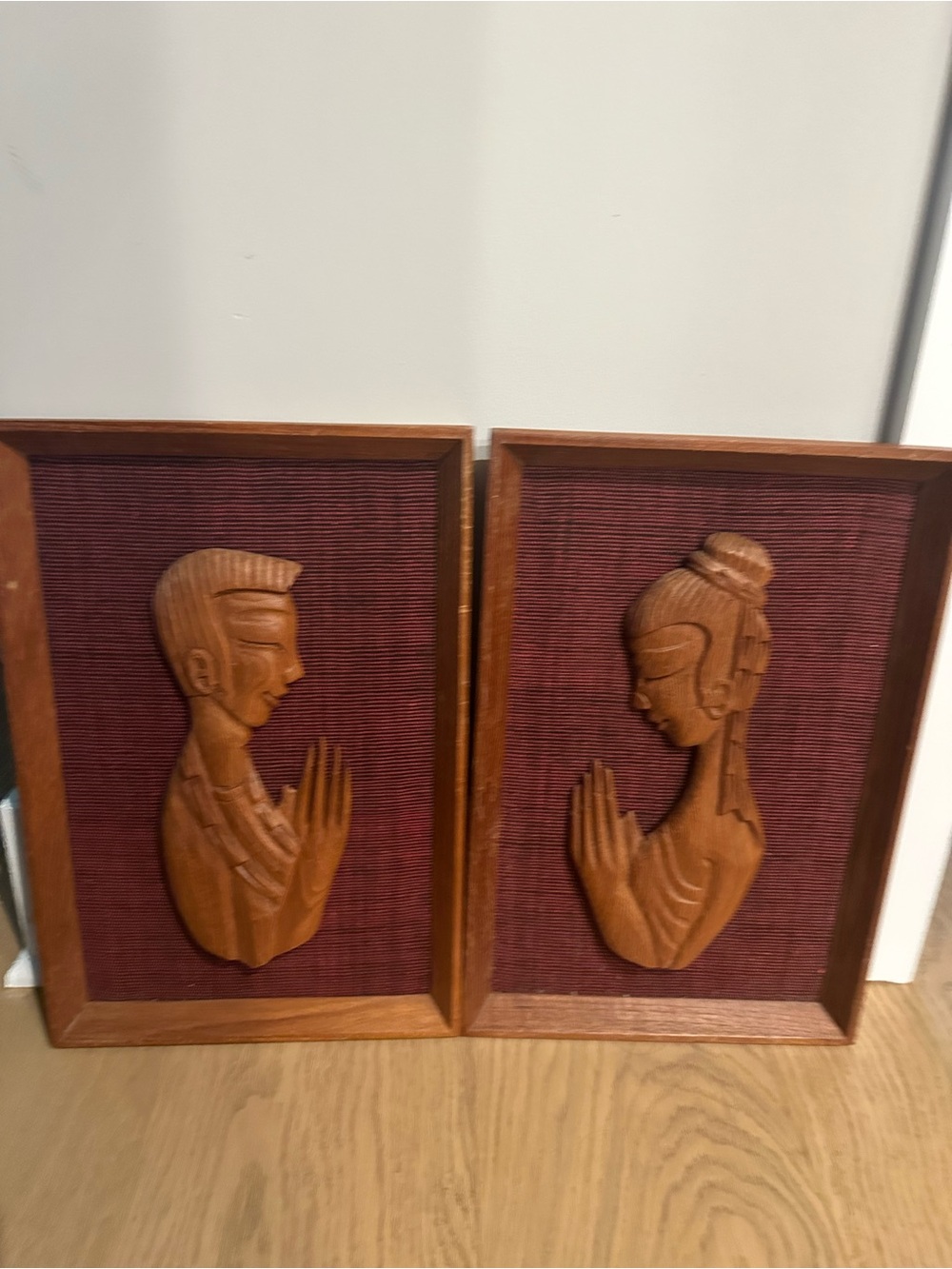 Vintage Carved Wood Praying Couple Wall Art - Burgundy Backing